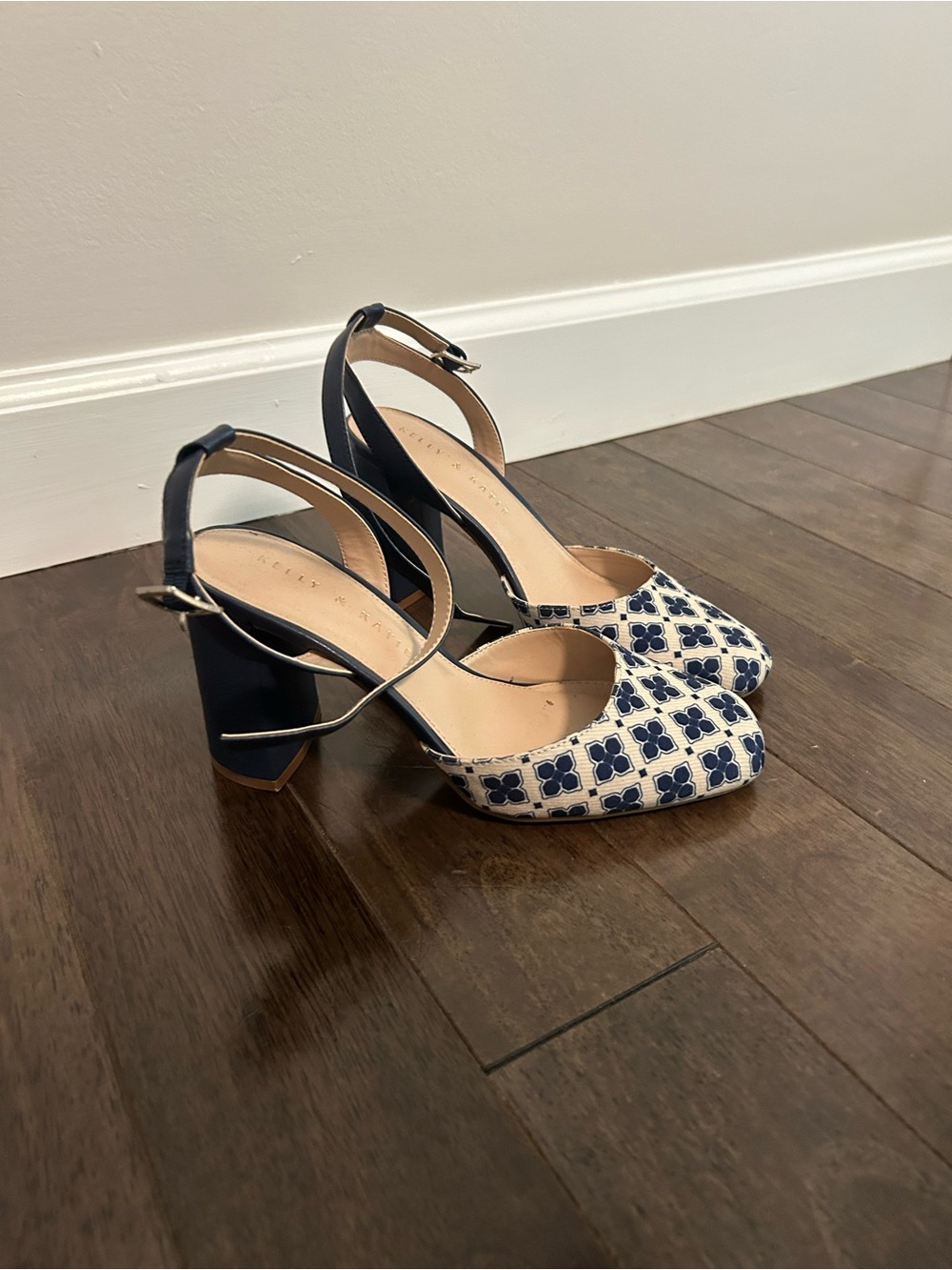 Kelly & Katie Navy and White Patterned Block Heel Slingbacks